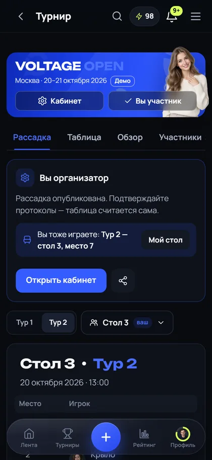 Страница турнира: ваш стол и место